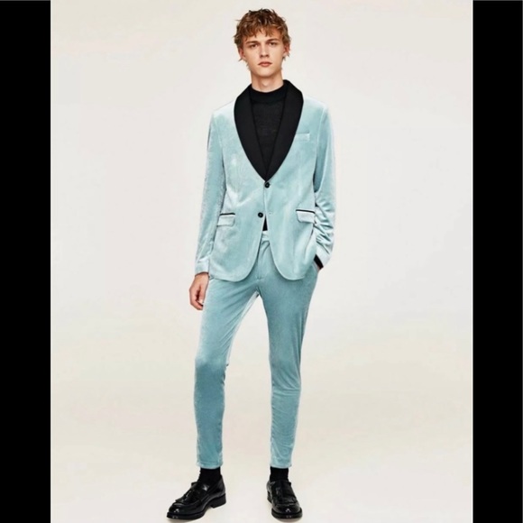 Zara Other - Zara Man Blazer Size 44 & Pants Size 32 Light Blue Velvet Tuxedo 2pc Suit